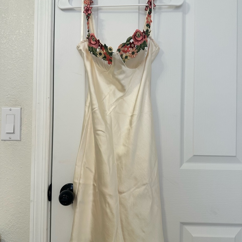 Selfie Leslie Cream Satin Slip Dress with Embroidered Accents